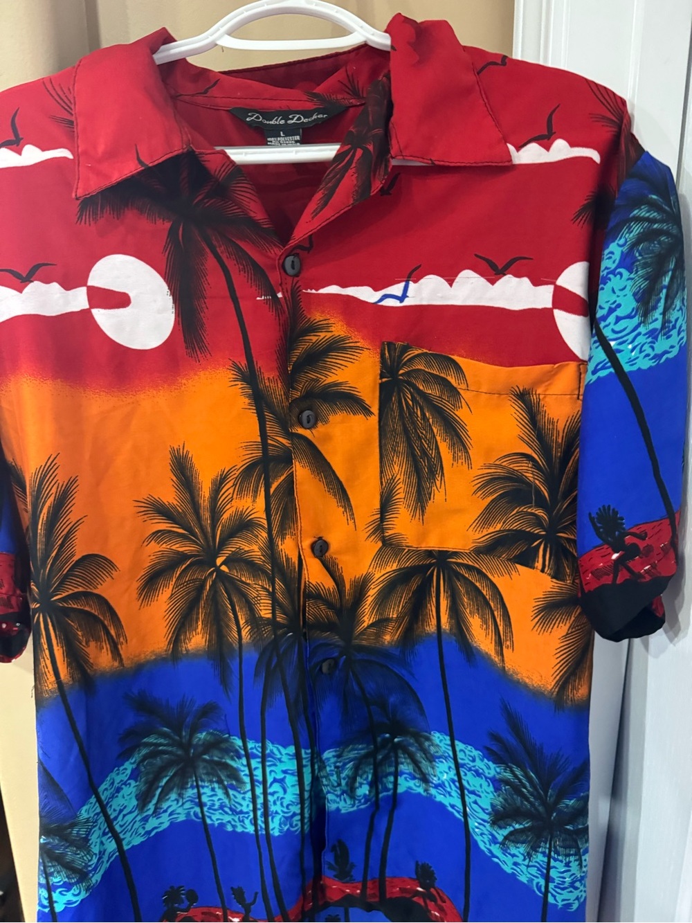 Men's Tropical Print Button-Up Shirt - Red/Orange/Blue (CL-5)